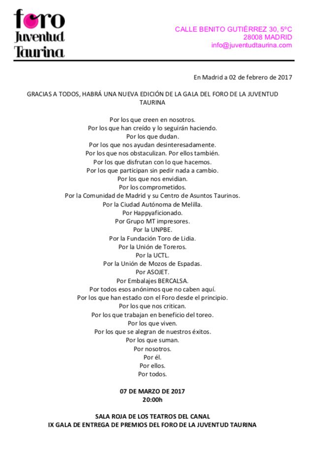 Foro Juventud Taurina confirma que finalmente habrá IX Gala de premios Juventud Taurina