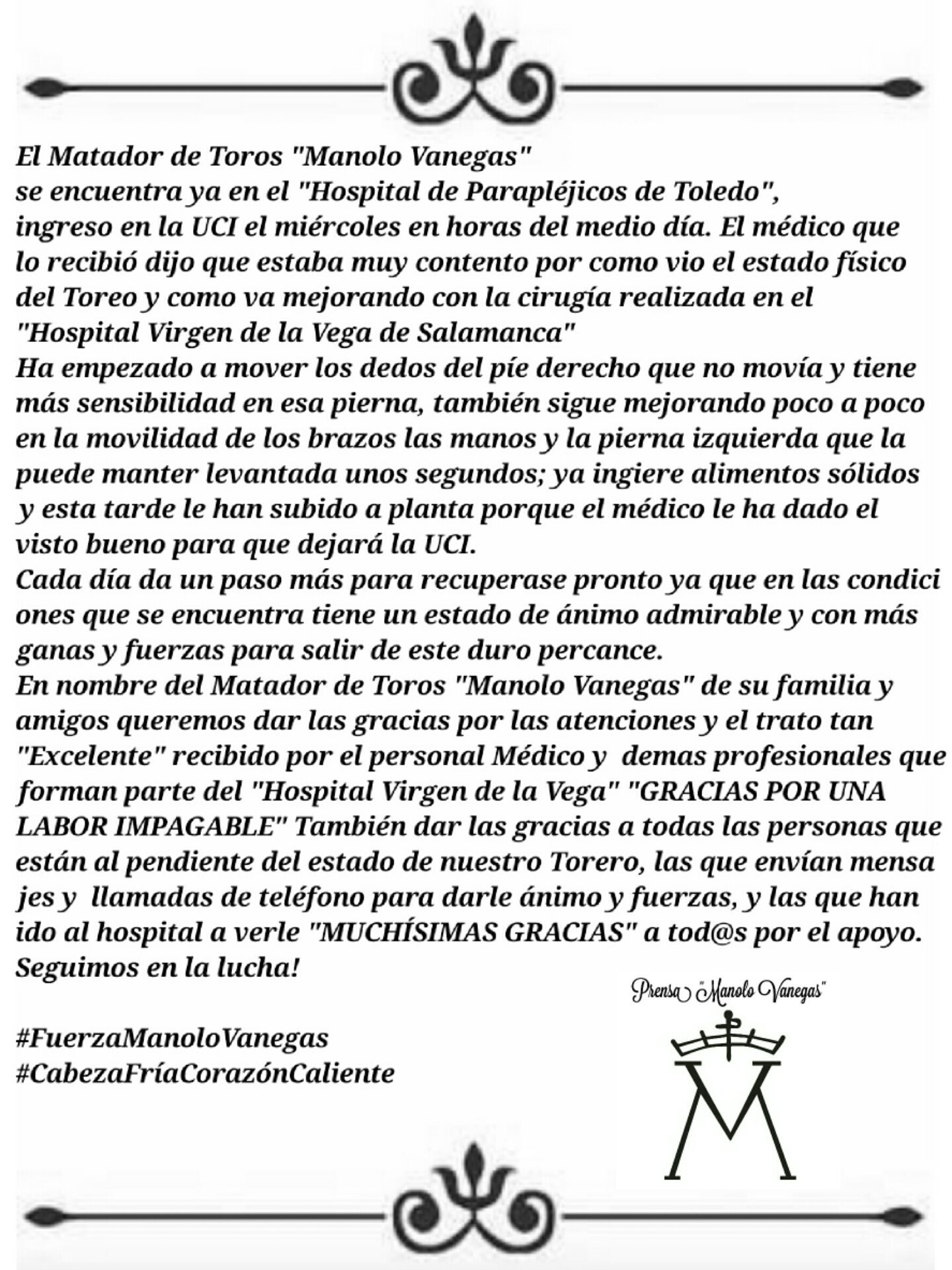 Manolo Vanegas derivado al Hospital de Parapléjicos de Toledo